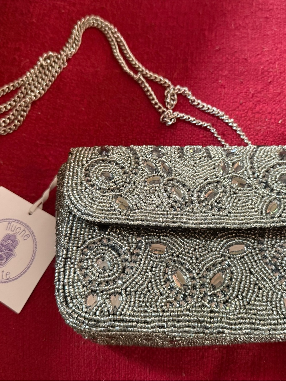 NWT Muche et Muchette Silver Beaded Clutch Crossbody Evening Bag Rhinestone